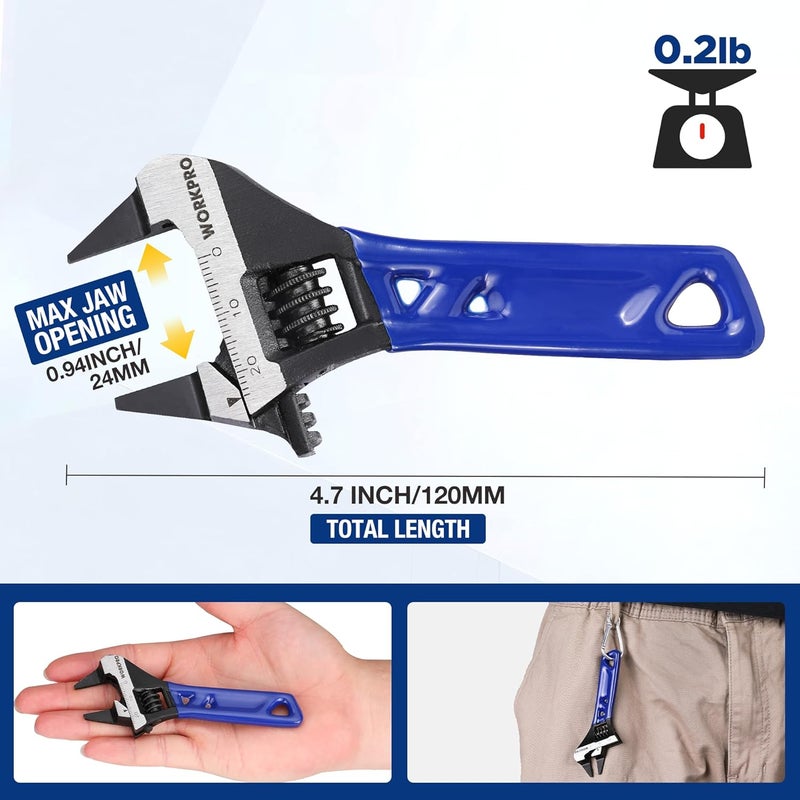WORKPRO 4-Inch Thin Jaws Stubby Wide Opening Adjustable Wrench, Small Adjustable Wrench with 2mm Slim Jaws for Easy Access to Tight Spaces, Metric/SAE Scales, Cr-V Steel - Image 3